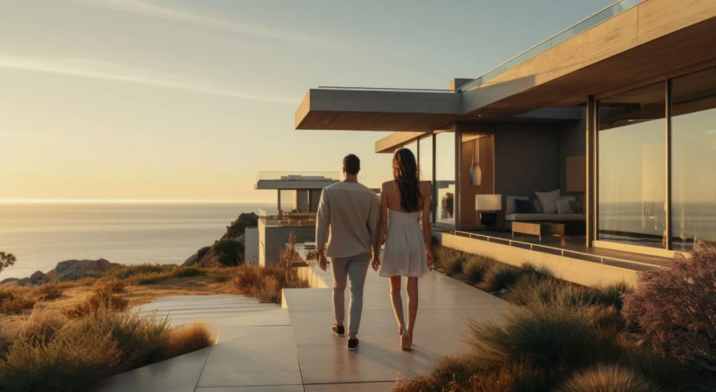 Young couple walking through their new home, holding hands.