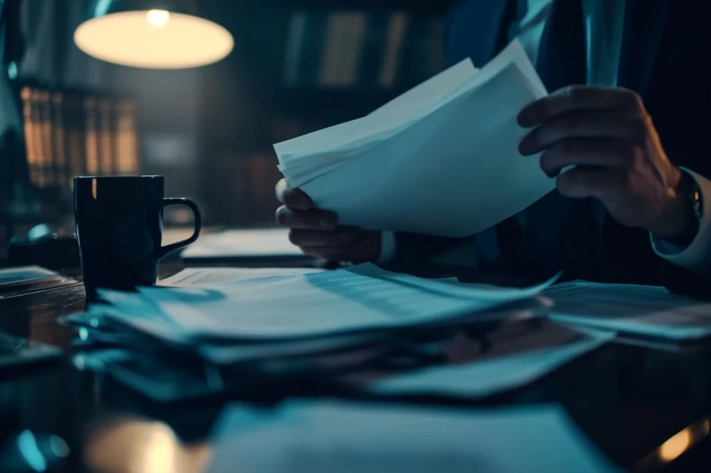 Dark office with a small lamp turned on. A man sitting with documents in his hand.